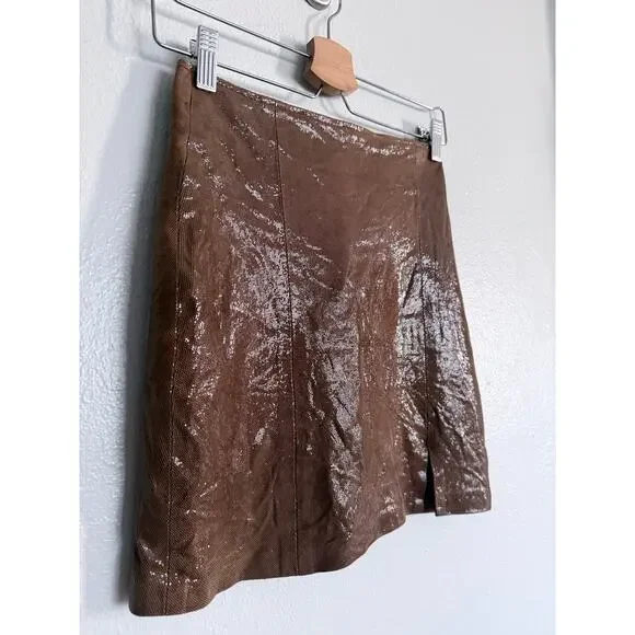 vintage TLC TWINS LEATHER COLLECTION brown shimmer 100% genuine y2k pencil skirt - Picture 2 of 8